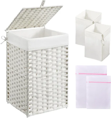 Miniatura 22 de Greenstell Cesta de ropa sucia con tapa, cesta de ropa de 60L con 2 bolsas de forro extraíbles y 2 bolsas de malla para lavandería, cesta de ropa