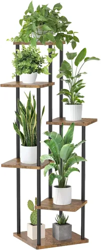 Miniatura 9 de Oppro Soporte para plantas de 3 niveles para interiores, soporte de esquina de metal de madera escalonada, soporte para macetas, estante de madera