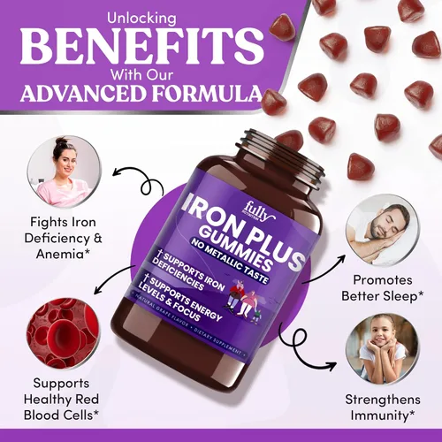 Miniatura 2 de Suplementos de gomitas de hierro para adultos (mujeres, hombres) y niños, sabor a uva, apoya los niveles de anemia, energía y enfoque, 200