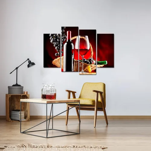 Miniatura 5 de iKNOW FOTO 4 piezas de decoración de pared de cocina, vino negro y rojo, uvas, lienzo, ilustración, botella de vino, pintura, impresión de arte