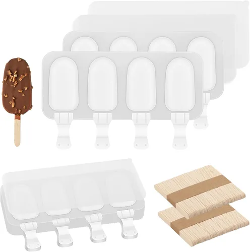 Miniatura 10 de Juego de 3 moldes para paletas con tapas y 100 palitos de paletas de madera, tamaño estándar, 4 cavidades, moldes de silicona para hacer cakesicles