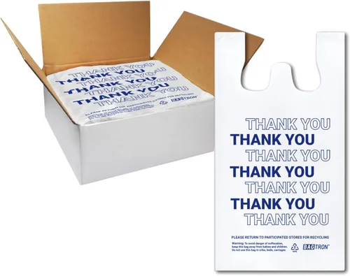 Miniatura 11 de Bolsas de transporte de camisetas de Bagtron con la frase "Thank You", bolsas de plástico desechables con asas para compras y restaurantes, 1/6
