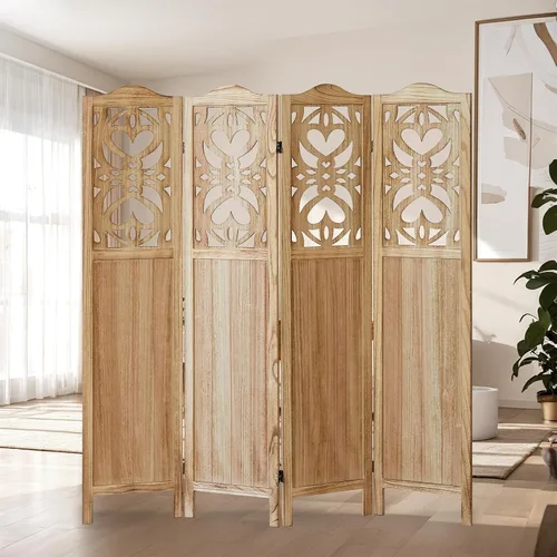 Miniatura 7 de Divisor de habitación de 4 paneles de madera tallada de 5.6 pies de alto, pantalla de privacidad plegable con bisagras dobles, divisor de división