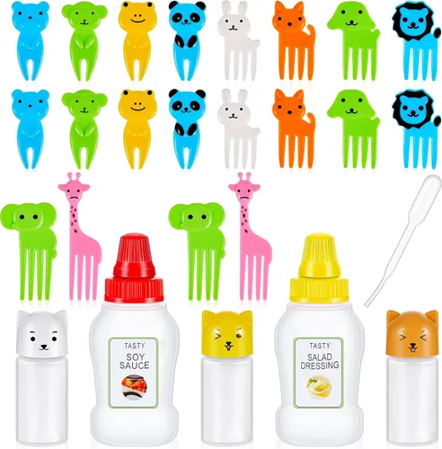 Contenedor de 26 piezas de lonchera Bento para salsa de soja, 5 mini botellas de plástico para condimentos, lindos accesorios de almuerzo para niños