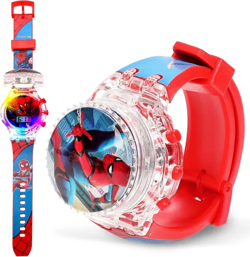 Tawekel Spider-Man - Reloj de música luminoso, esfera giratoria, reloj digital de dibujos animados, regalo de San Valentín para niños y niñas,