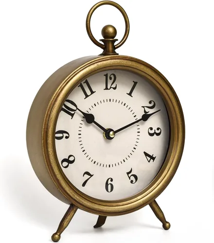 Reloj de mesa con acabado dorado antiguo, reloj de mesa dorado vintage en soporte, escritorio decorativo y reloj de estante, reloj de repisa rústico