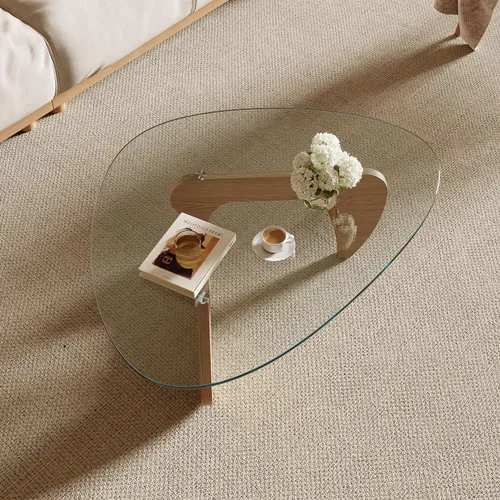 Miniatura 4 de Mesa auxiliar moderna para sala de estar y espacios pequeños, 35.6 x 25.4 x 15.8 pulgadas, mesa triangular de vidrio templado y base de madera