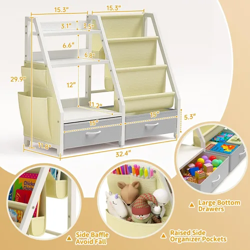Miniatura 2 de Estantería para niños y organizador de juguetes Twinkoo, estante resistente de 3 niveles, estantería con bandeja y 2 contenedores de juguetes, Gris