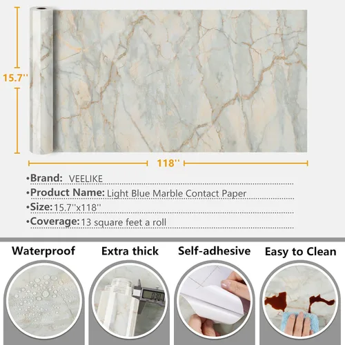 Miniatura 8 de VEELIKE Papel de contacto de mármol azul dorado brillante de 15.7 x 118 pulgadas para encimeras, impermeable, despegar y pegar, papel tapiz