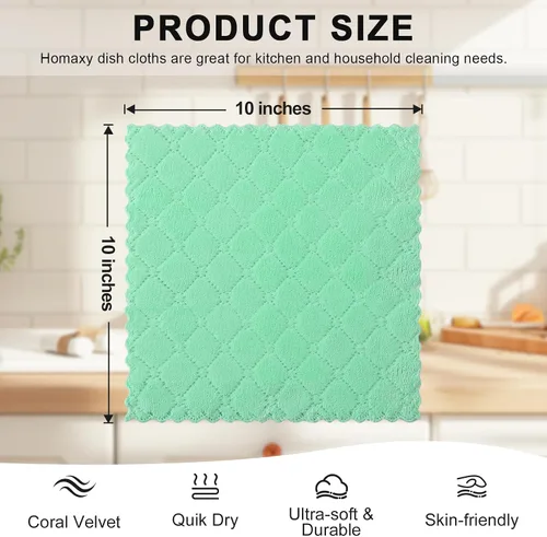 Miniatura 5 de Homaxy - Paquete de 12 trapos de cocina (10 x 10 pulgadas, verde), de terciopelo coral, supersuaves y absorbentes, de secado rápido, paño