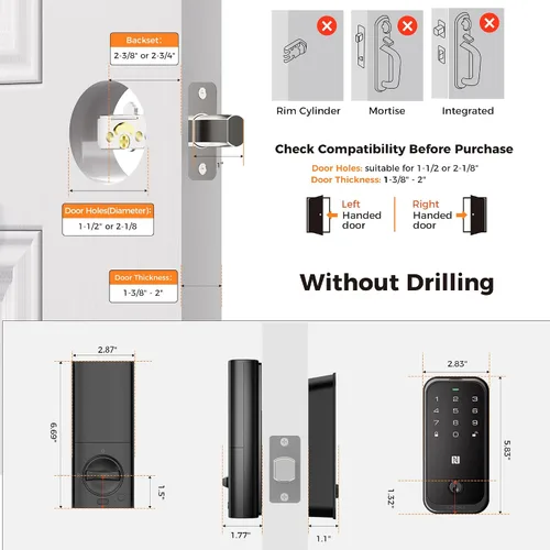 Miniatura 9 de Cerradura inteligente para puerta delantera, llave de Apple Home y WiFi integrado, cerrojo de entrada sin llave de huellas dactilares con teclado
