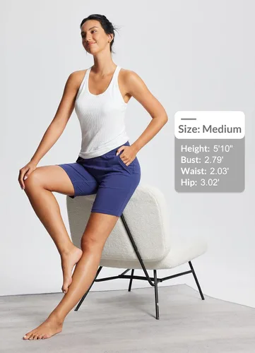 Miniatura 5 de BALEAF Bermudas de 8 pulgadas para mujer, pantalones cortos deportivos largos de algodón, con control de abdomen, estilo casual, para descansar