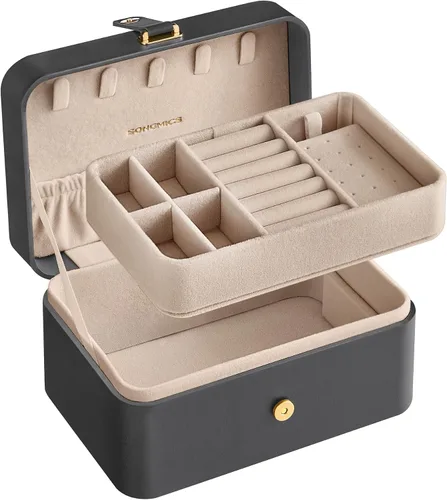 Miniatura 64 de SONGMICS Caja organizadora de joyas, estuche de viaje de 2 capas para aretes, collares, pulseras, almacenamiento portátil de joyas con gran Verde