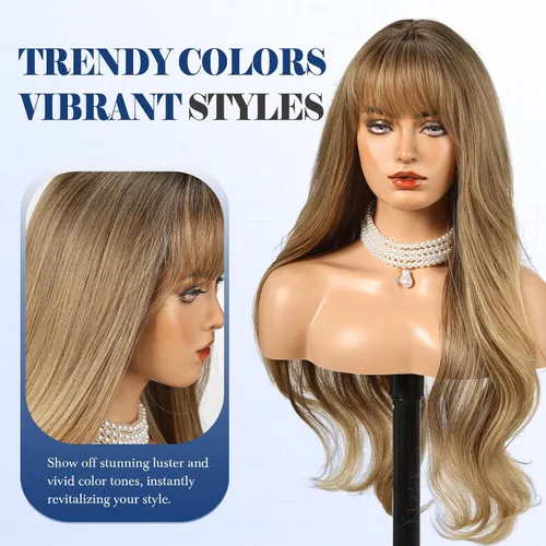 Miniatura 4 de HAIRCUBE Peluca larga rubia mezclada con marrón con flequillo, pelucas rizadas en capas para mujeres, pelucas sintéticas naturales para uso diario