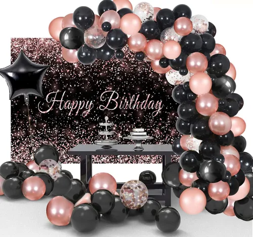 103 piezas de decoraciones de cumpleaños de color oro rosa y negro, globos de cumpleaños de oro rosa, pancarta de fondo de fotografía para niños,