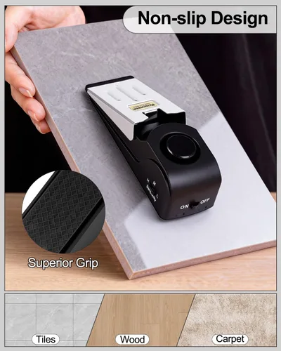Miniatura 5 de Paquete de 2 alarmas de tope de puerta, tope de puerta con alarma de seguridad de 120 DB, sirena de tope de puerta de cuña de piso, dispositivos