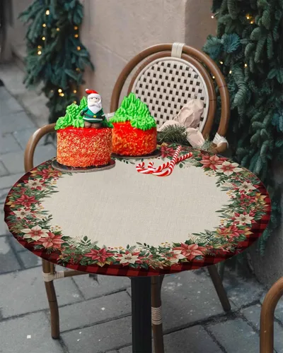 Miniatura 4 de Mantel ajustado redondo de Navidad con Poinsettia, mantel de lino retro de Navidad impermeable para mesa circular, mantel circular elástico de Rojo