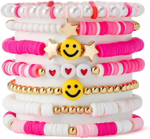 Juego de pulseras Preppy de colores de oro blanco, sonrisa, corazón, estrella, polímero con cuentas de arcilla perla, abalorio apilable Y2K Kidcore