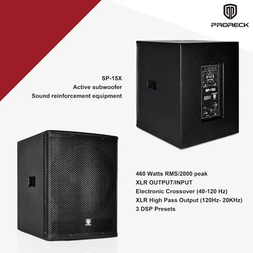 Miniatura 4 de PRORECK SP-15X Gabinete de subwoofer PA DJ activo de 15 pulgadas, 2000 W, P.M.P.O con amplificador de clase D, 3 monitores preestablecidos DSP