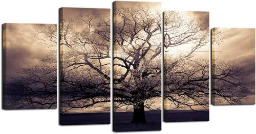 sechars - 5 piezas de lienzo grande de arte para pared, árbol de la vida sepia, impresión fotográfica sobre lienzo, arte de bosque de fantasía