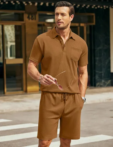 Miniatura 7 de COOFANDY Conjunto de camisa polo y pantalones cortos de punto gofre para hombre, conjunto de 2 piezas, traje de verano casual con bolsillos