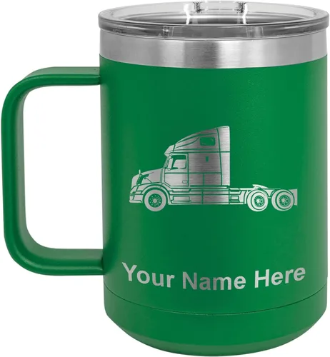 Miniatura 13 de LaserGram Taza de café aislada al vacío de 15 onzas, cabina de camión, grabado personalizado incluido (negro)