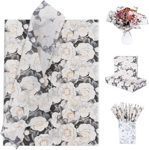 Miniatura 12 de Larcenciel Papel de seda negro, papel de seda floral vintage para bolsas de regalo, cajas, envoltura, manualidades, suministros de embalaje de arte