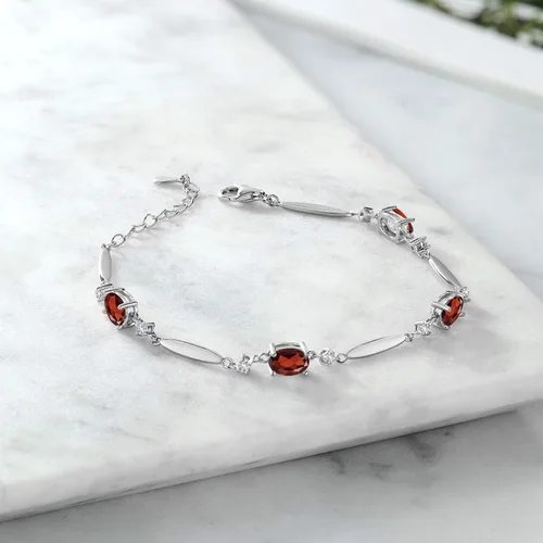 Miniatura 28 de Gem Stone King 925 Sterling Silver Gemstone Birthstone and White Created Sapphire Tennis Bracelet For Women Oval 7X5MM and 2MM 6 Inch + 1 Inch