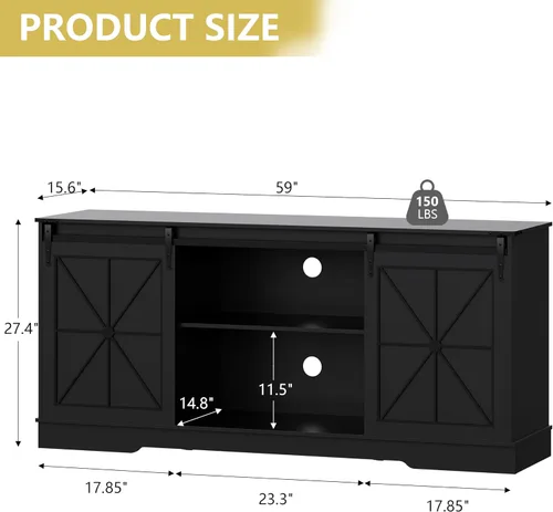 Miniatura 7 de Soporte de TV estilo granja para televisores de 65/60/55 pulgadas, centro de entretenimiento rústico con gabinetes de almacenamiento y puertas Negro