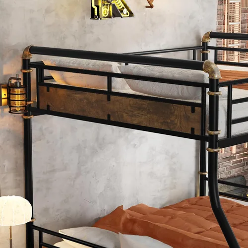 Miniatura 6 de KEIKI Litera desmontable de metal tamaño matrimonial XL con escaleras, cabecera de MDF y barandilla, literas modernas con listones sólidos,