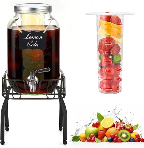 Miniatura 8 de Dispensadores de bebidas de vidrio de 1 galón para fiestas, paquete de 2 dispensadores de bebidas con soporte, cilindro de hielo y espita de acero