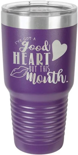 Miniatura 19 de Taza de viaje de acero con recubrimiento de polvo grabado por láser, con texto en inglés "IVE GOT A GOOD HEART BUT THIS MOUTH Engraved 30oz Taza
