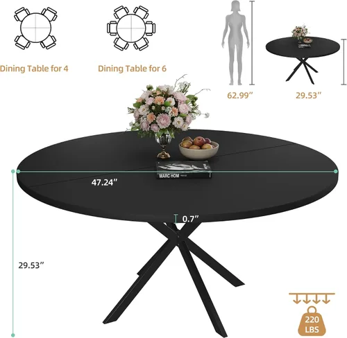 Miniatura 3 de Mesa de comedor redonda de 47.24 pulgadas para 4-6 personas, mesa de cocina redonda con parte superior de madera, mesas de pedestal de cena