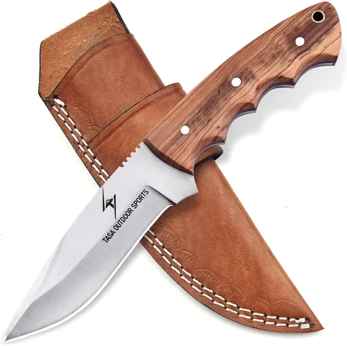 Cuchillo de hoja fija: cuchillo de caza desollador hecho a mano de 9 pulgadas para hombres con mango de madera de olivo, cuchillo bushcraft de acero