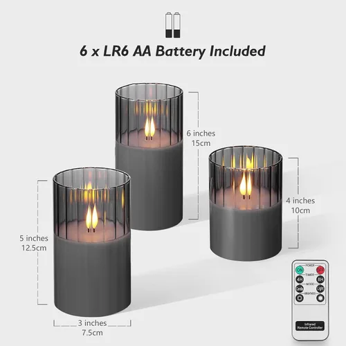 Miniatura 3 de Rhytsing Velas LED de vidrio acanalado ahumado que funcionan con pilas con control remoto, velas sin llama con temporizador, juego de regalo