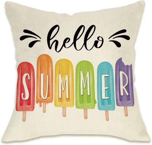 Fahrendom Hello Summer - Funda de almohada decorativa de 18 x 18 pulgadas, diseño de paletas coloridas para porche, patio, exterior, funda de cojín