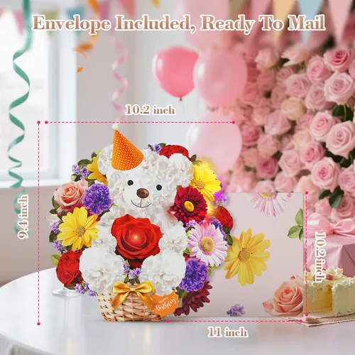 Miniatura 7 de MZD8391 Tarjetas de cumpleaños con música y luces, tarjeta de feliz cumpleaños, oso y margarita, ramo de flores de tamaño natural de 10 pulgadas
