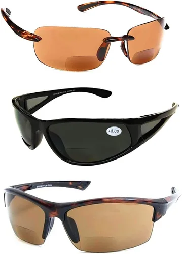 "The Classic Variety", 3 pares de lentes de sol unisex bifocales deportivos envolventes 2 pares tortuga/1 par negro