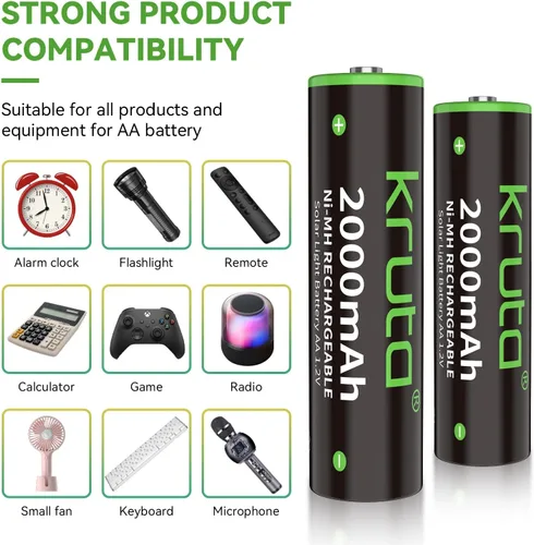 Miniatura 5 de NiMH - Baterías AA recargables, 2000 mAh, 1.2 V, NiMH de alta capacidad, doble AA para luces solares al aire libre, recarga hasta 1200 veces