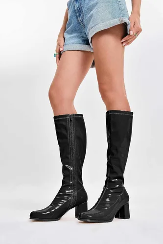 Miniatura 2 de Coutgo Botas altas Gogo para mujer, punta cuadrada, tacón grueso, charol y cremallera sobre la rodilla