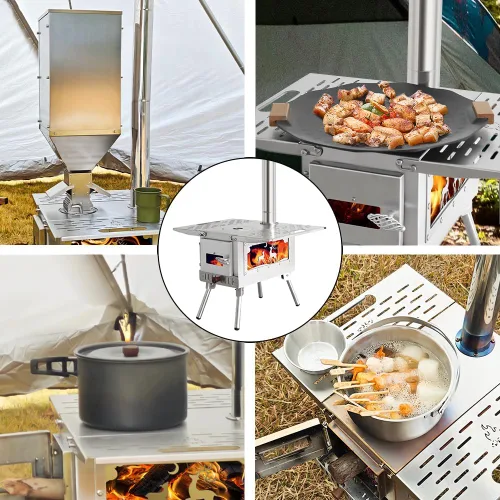 Miniatura 4 de Estufa para Tienda de Campaña al Aire Libre Estufa de Camping Portátil Estufa de Acero Inoxidable con Tubo de Chimenea para Cocinar al Aire Libre