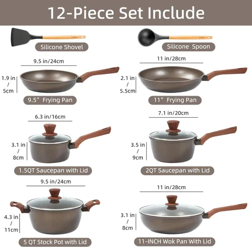 Miniatura 2 de Juego de 12 ollas y sartenes, juegos de utensilios de cocina antiadherentes, ollas y sartenes antiadherentes con sartenes, cacerolas, cuchara