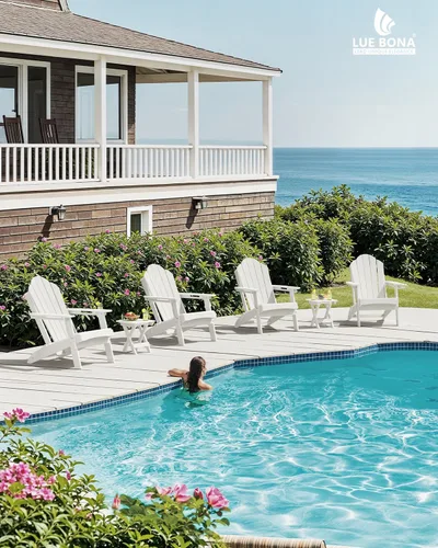 Miniatura 6 de LUE BONA Silla Adirondack plegable, juego de 2, portavasos, grano de madera, hoguera, patio, piscina, color blanco All-weather Use, Woodgrain