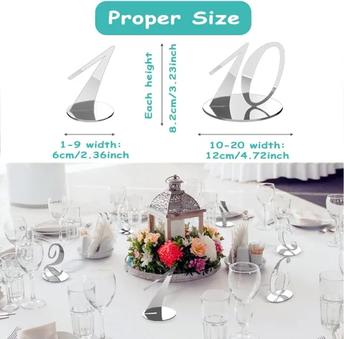 Miniatura 6 de Rely2016 - Número de mesa de espejo, 1-20 números de mesa de boda con base de soporte, números de mesa de acrílico, tarjeteros, decoración