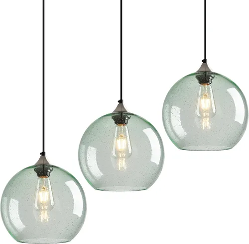 Miniatura 24 de Luces colgantes de cristal verde claro, iluminación de isla de cocina, luminarias de luz colgante de globo, iluminación colgante moderna