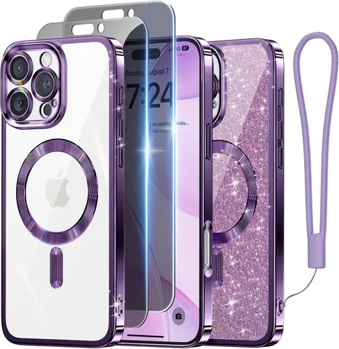Miniatura 48 de Meifigno Candy Mag Series - Funda diseñada para iPhone 15 Pro, compatible con MagSafe, tarjeta con purpurina y correa de muñeca, protección completa