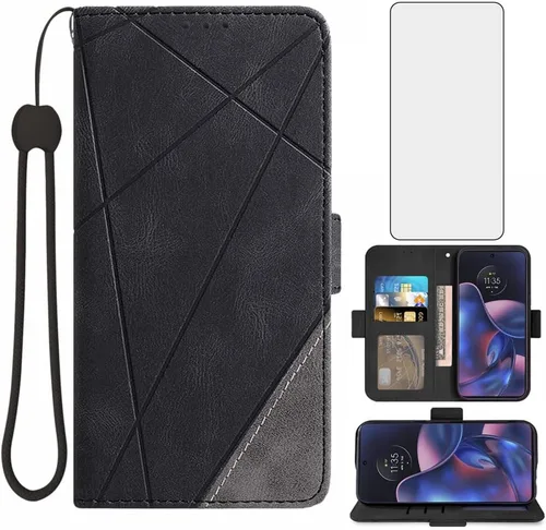 Asuwish Funda tipo cartera compatible con Motorola Moto Edge 2022/MotoEdge 5G UW 2022 y protector de pantalla de vidrio templado, soporte para