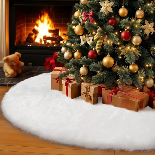 Miniatura 8 de AerWo Falda de árbol de Navidad de 60 pulgadas, falda blanca de felpa para árbol de Navidad, decoración de alta gama, suave, clásica, esponjosa