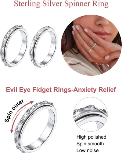 Miniatura 2 de FOCALOOK Anillo giratorio de plata de ley 925 para la ansiedad para mujeres en relieve, mal de ojo/celta, anti estrés, anillo giratorio tamaño 5-12