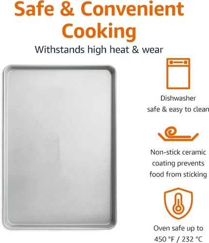 Miniatura 3 de Amazon Basics Juego de bandeja para hornear de cerámica antiadherente y rejilla de enfriamiento, sin tóxicos, tamaño de media hoja - 1 paquete, gris